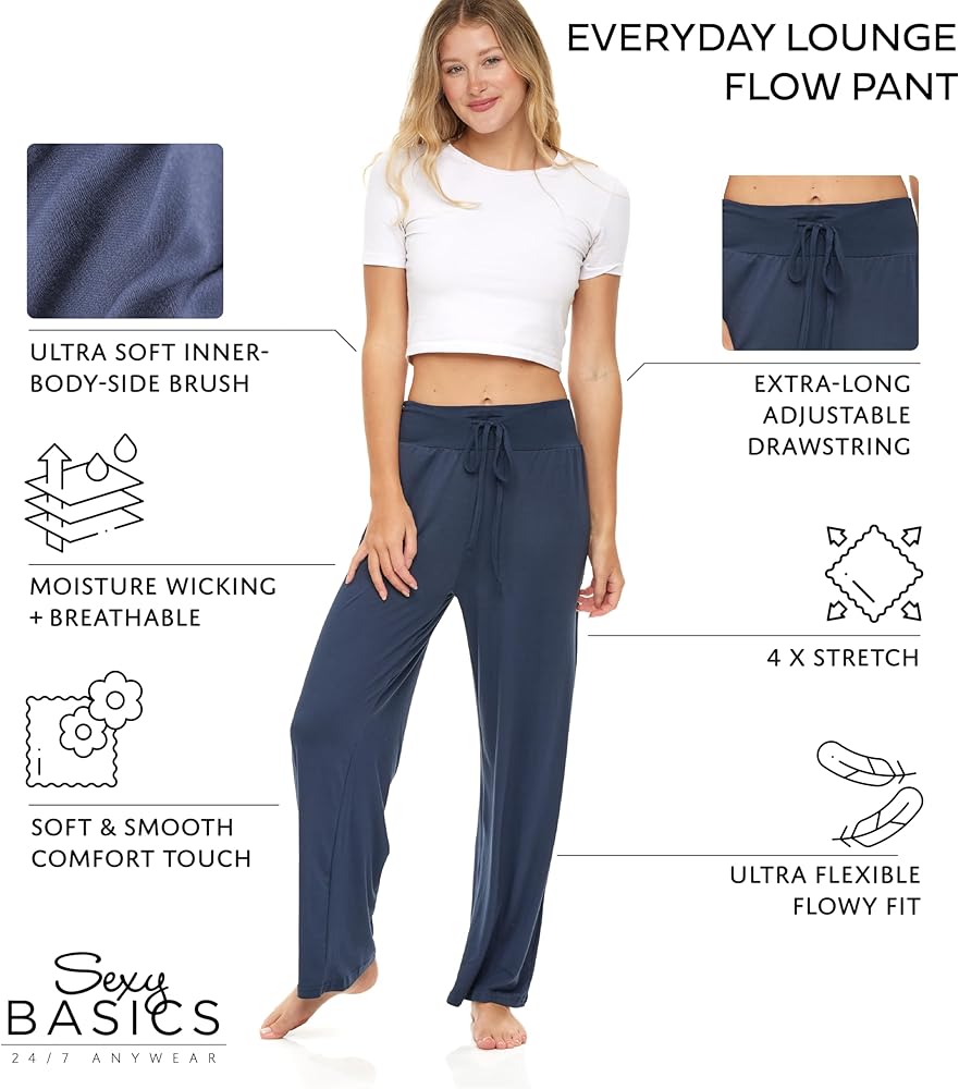 Sexy Basics Women's 2 Pack Ultra Soft French Terry Cotton Drawstring Yoga Lounge Long Pants (2 Pack- Black & Grey, Medium)