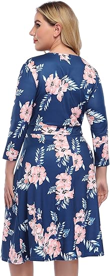 AMZ PLUS Womens Plus Size V-Neck Wrap Floral 3/4 Sleeve A Line Midi Cocktail Party Midi Dress A-Navy 2XL