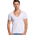 JOHNNYOLA Men Deep V Neck Shirts White T Shirt Short Sleeve V-Neck Basic Tee Casual M
